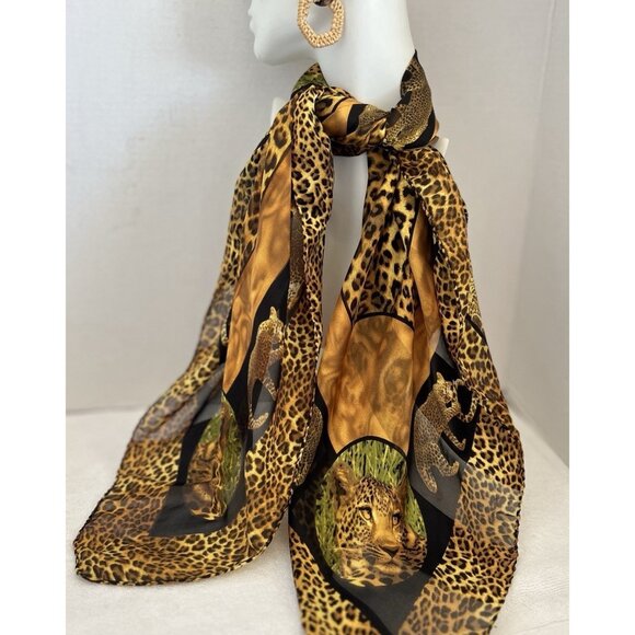 Leopard Silk Scarf Animal Print Square Safari 33" x 33" Bordered Hand Rolled Hem - Picture 3 of 12